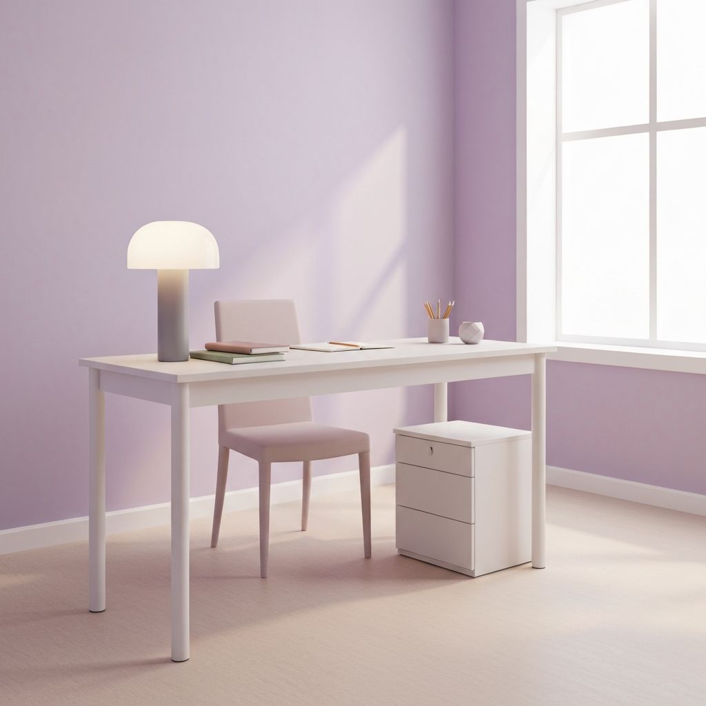 Calm therapy workspace with soft colors and organized desk